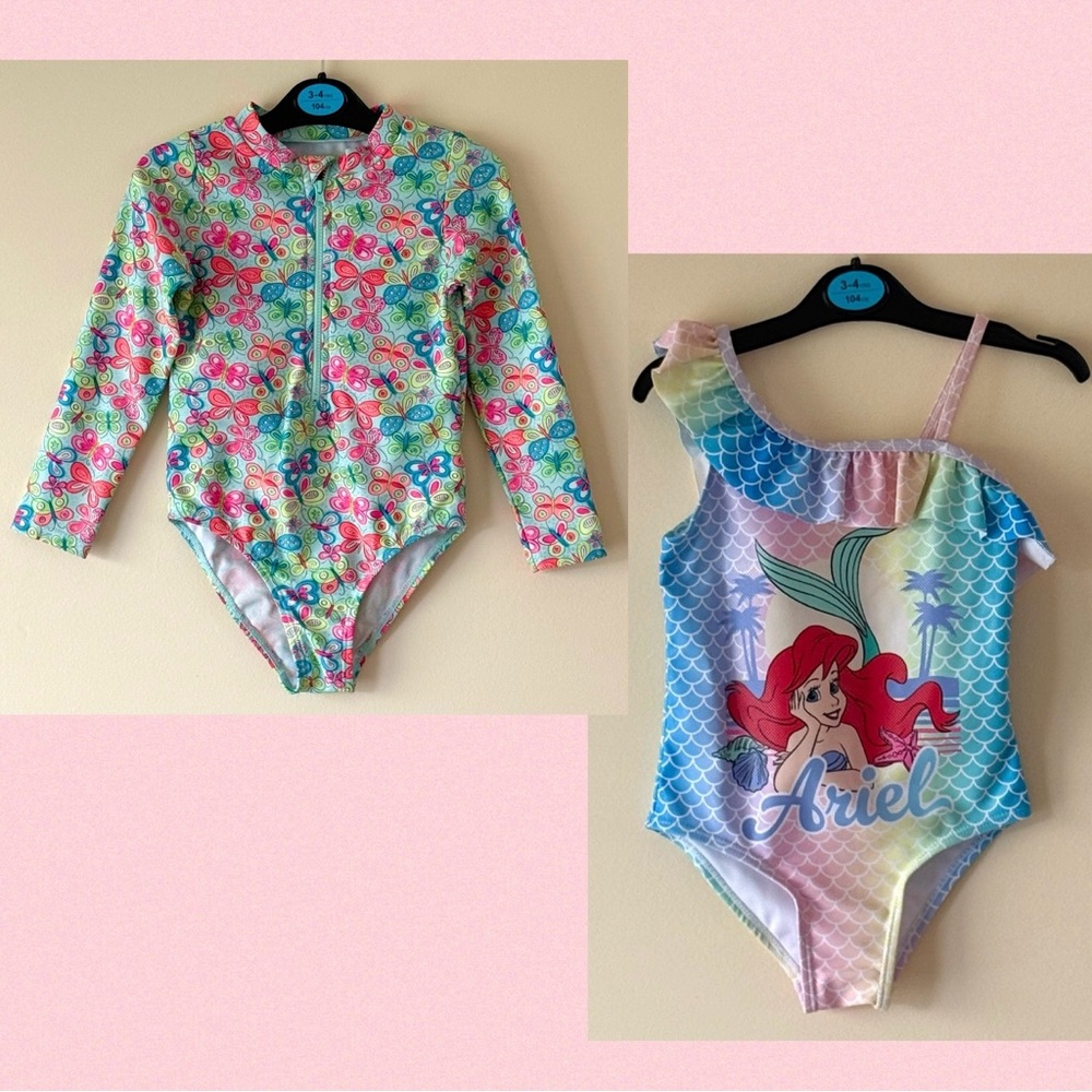 Primark Girls' One-Piece Swimsuits - Floral Rash Guard & Ariel Mermaid, Size 3/4